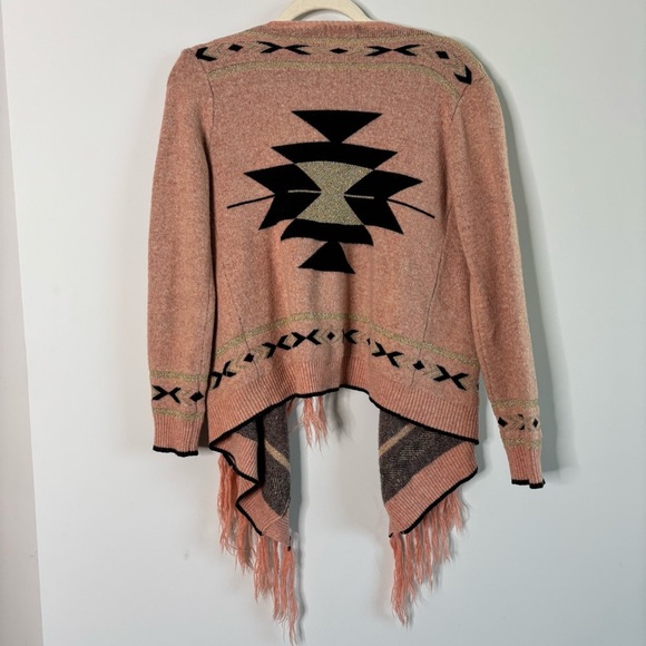Peace Dove Pink Aztec Print Metallic Fringe Knit Cardigan Sweater Small Boho - Picture 9 of 10